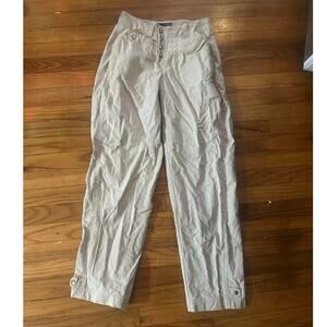 Lizwear Beige Linen-Blend Pants – Button Front, Casual Utility Style